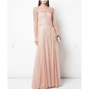 Marchesa Tulle‎ Gown Blush Pink Glitter Sheer Floral Silver Applique Dress Sz 6